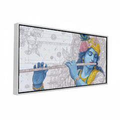 Lord Krishna Flute Player Canvas Art | Detailed Line Art Blue Bansuri Spiritual Print