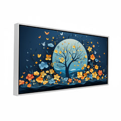 Premium Night Flower Tree Canvas Art | Blue and Orange Floral Moon Print