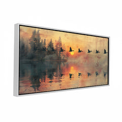 Premium Geese Flying at Sunset Canvas Art | Tranquil Lake Reflection Painting