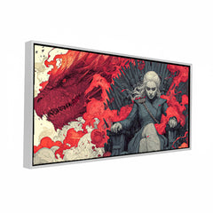 Dragon Queen on Iron Throne Fantasy Canvas Art | Dramatic Red Dragon Fire Pop Culture Print
