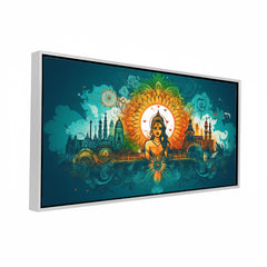 Premium Ornate Indian Goddess and Mandala Skyline Canvas | Vibrant Teal and Orange Cultural Art Print