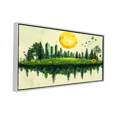 Premium Green Cityscape Reflection Canvas Art | Nature and Urban Blend Painting