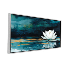 Premium White Lotus Flower Canvas Art | Deep Teal and Gold Abstract Painting