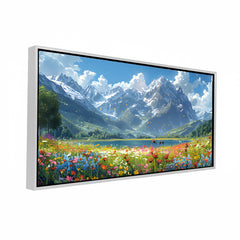 Premium Mountain Landscape Canvas Art | Wildflower Meadow and Lake Painting