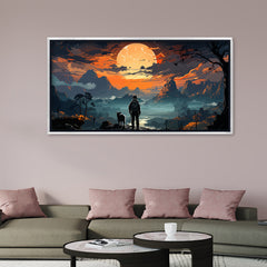 Premium Epic Fantasy Landscape Wall Art | Traveler and Dog at Sunset Full Moon Canvas Print