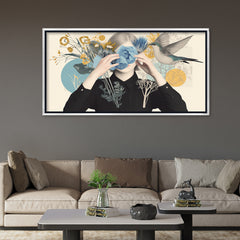 Premium Surreal Woman and Flower Canvas Art | Hummingbird and Botanical Collage Print