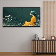 Premium Ethereal Girl and Bird Canvas Art | Dark Green Floral Portrait Painting