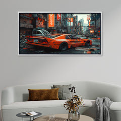 Premium Cyberpunk Orange Sports Car Canvas Painting - Futuristic Wall Art  for Office & Room Décor