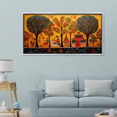 Premium Madhubani Village Life Wall Art | Traditional Mithila Folk Canvas Print for Home Decor