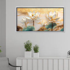 Premium 3D White Lotus Flower Wall Art | Gold Accented Floral Canvas Print