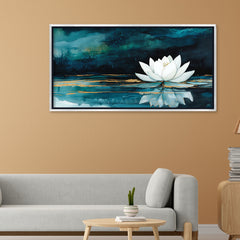 Premium White Lotus Flower Canvas Art | Deep Teal and Gold Abstract Painting