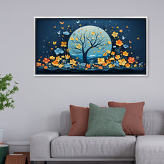 Premium Night Flower Tree Canvas Art | Blue and Orange Floral Moon Print