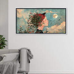 Premium Dreamy Woman Portrait Canvas Art | Full Moon and Birds Wall Decor