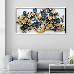 Premium Golden and Blue Floral Tree Canvas Painting - 3D Style Wall Art  for Living Room