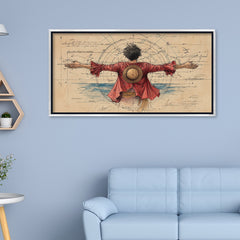 Straw Hat Pirate Epic Pose Wall Art | Vintage Chart Nautical Anime Illustration| Pirate Figure on Compass Chart Background