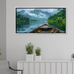 Premium Wooden Boat in Misty Mountain Lake Canvas Painting - Nature Wall Art for Living Room