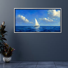 Premium Oil Painting Style Seascape Canvas: Sailboat on Blue Ocean