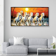 Premium 7 Running Horses at Sunrise Vastu Canvas Wall Painting with Floating Frame