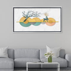 Premium Modern Geometric Deer and Tree Canvas Art | Abstract Textured Discs Gold Marble Background Print
