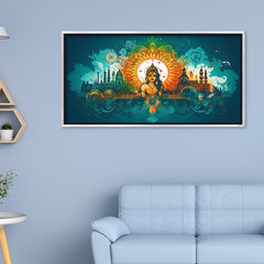 Premium Ornate Indian Goddess and Mandala Skyline Canvas | Vibrant Teal and Orange Cultural Art Print
