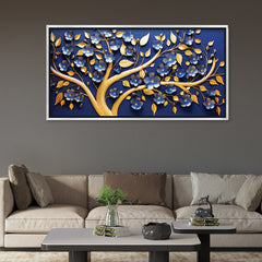 Premium 3D Look Botanical Art | Blue Floral Tree Canvas Premium Painting