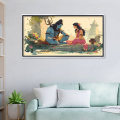 Lord Shiva and Parvati Dialogue Canvas Art | Soft Watercolor Divine Couple Spiritual Print