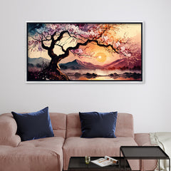 Premium Cherry Blossom Tree Sunset Canvas Art | Tranquil Asian Landscape Painting