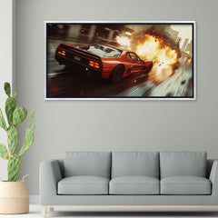Cinematic Red Sports Car Racing Canvas Painting - Action Wall Art for Home and Office Décor