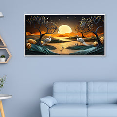 Golden Moonrise & Twin Cranes: High-Contrast Oriental Landscape – Premium Wall Decor