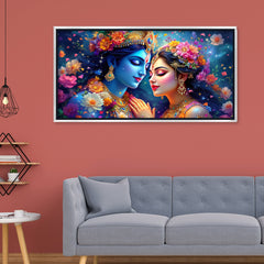 Celestial Radha Krishna: Cosmic Love & Floral Galaxy Art – Modern Spiritual Wall Decor