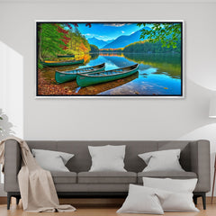 Peaceful Mountain Lake Landscape Wall Painting - Vibrant Teal Canoes & Autumn Forest Scenery