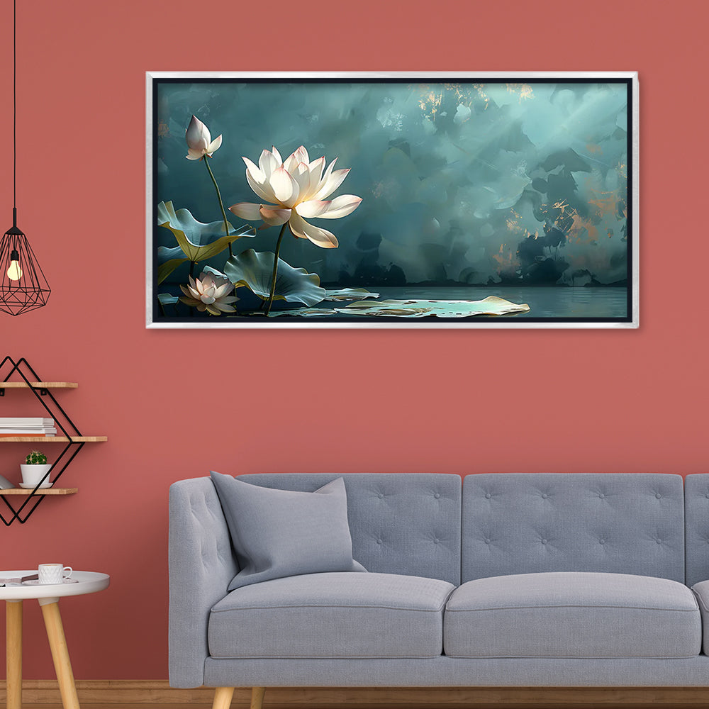 Premium Serene White Lotus Flower Canvas Art | Tranquil Pond Scene Painting