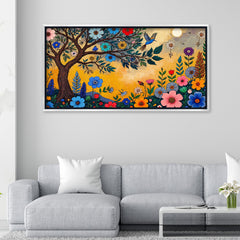 premium Whimsical Flower Garden Canvas Art | Vibrant Folk Art Tree Painting