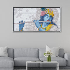 Lord Krishna Flute Player Canvas Art | Detailed Line Art Blue Bansuri Spiritual Print