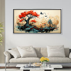 Premium Asian Ink Wash Style Art | Vibrant Red Tree and Black Frame Canvas