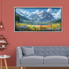 Premium Mountain Landscape Canvas Art | Wildflower Meadow and Lake Painting