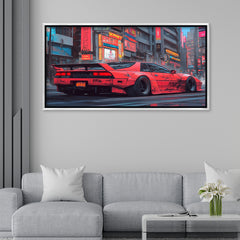Cyberpunk Red Sports Car premium Canvas Painting