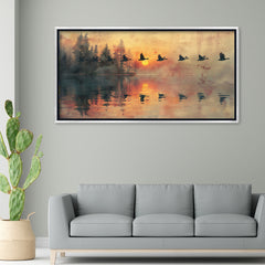 Premium Geese Flying at Sunset Canvas Art | Tranquil Lake Reflection Painting