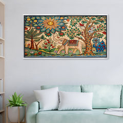 Premium Mithila Art Elephant & Tree of Life Painting | Traditional Madhubani Style Canvas Print for Wall Decor