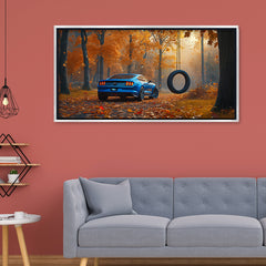 Premium Blue Sports Car Autumn Forest Canvas Painting - Nature & Car Wall Art for Living Room