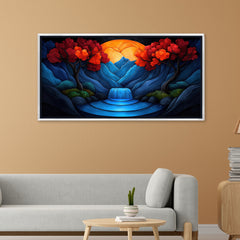 Crimson Tree & Indigo Mountain: High-Contrast Abstract Landscape – Premium Modern Wall Decor