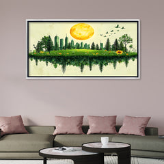 Premium Green Cityscape Reflection Canvas Art | Nature and Urban Blend Painting