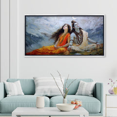 Shiv Parvati Meditation Canvas Art | Himalayan Mountain Traditional Hindu Painting Print