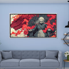 Dragon Queen on Iron Throne Fantasy Canvas Art | Dramatic Red Dragon Fire Pop Culture Print