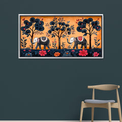 Premium Mithila Abstract Elephant & Floral Tree Canvas Print | Traditional Madhubani Style Wall Art