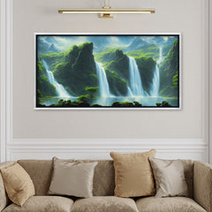 Premium Majestic Triple Waterfall Canvas Art | Lush Green Valley Landscape Painting