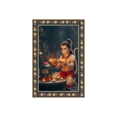 Bal Hanuman with Shivling Floral Border Vertical Wall Painting