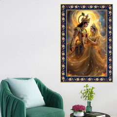 Beautiful Radha Krishna Divine Floral Border Vertical Wall Painting