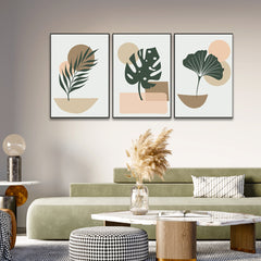 Boho Style Artistic Design of Ginkgo and Monstera Plants Wall Art Set Of 3