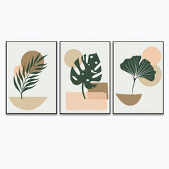 Boho Style Artistic Design of Ginkgo and Monstera Plants Wall Art Set Of 3